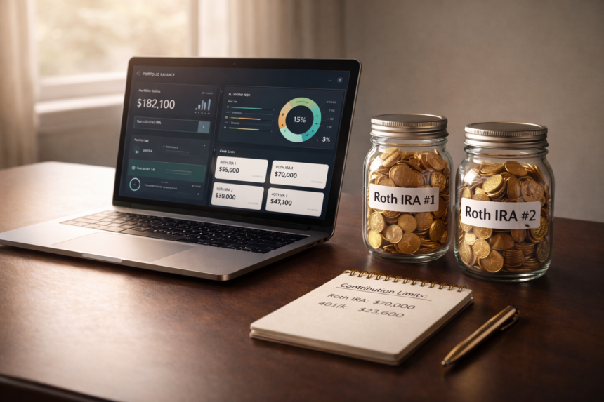 Two Roth IRA accounts shown as separate glass jars on a financial planning desk