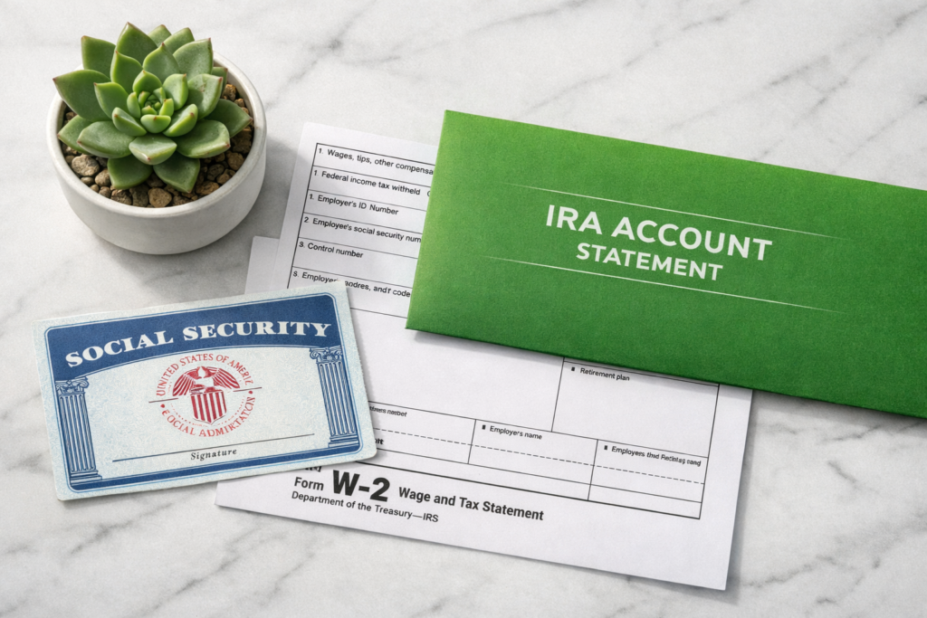 Social Security card and W-2 form showing eligibility requirements for opening a Roth IRA on H1B visa