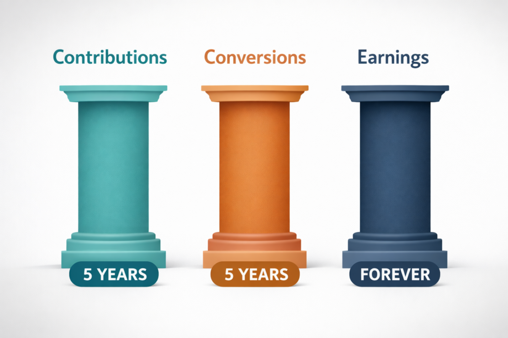 Three pillars representing contribution, conversion, and earnings rules for Roth IRAs
