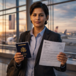 H-1B visa holder at international airport holding U.S. passport and I-797 USCIS approval notice, representing the H-1B visa stamping process and travel considerations in 2026