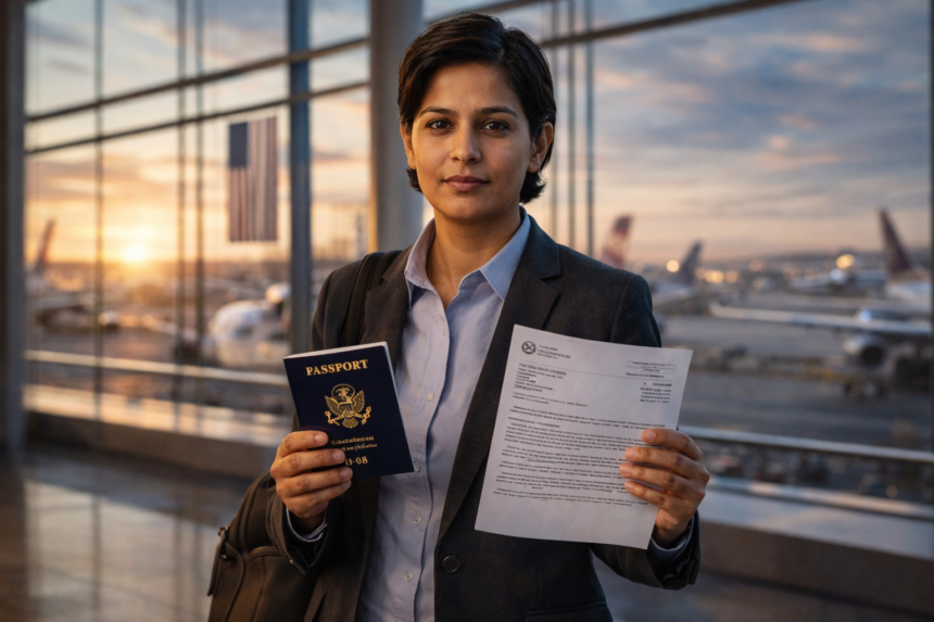 H-1B visa holder at international airport holding U.S. passport and I-797 USCIS approval notice, representing the H-1B visa stamping process and travel considerations in 2026