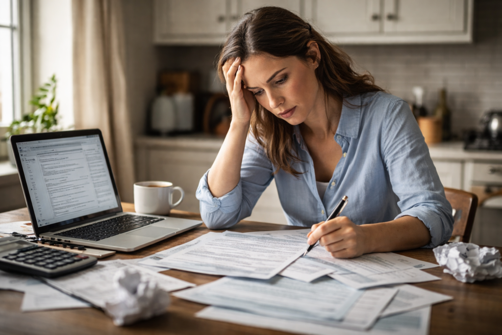 A stressed parent reviewing IRS tax documents after making an excess contribution mistake in a child's custodial Roth IRA account