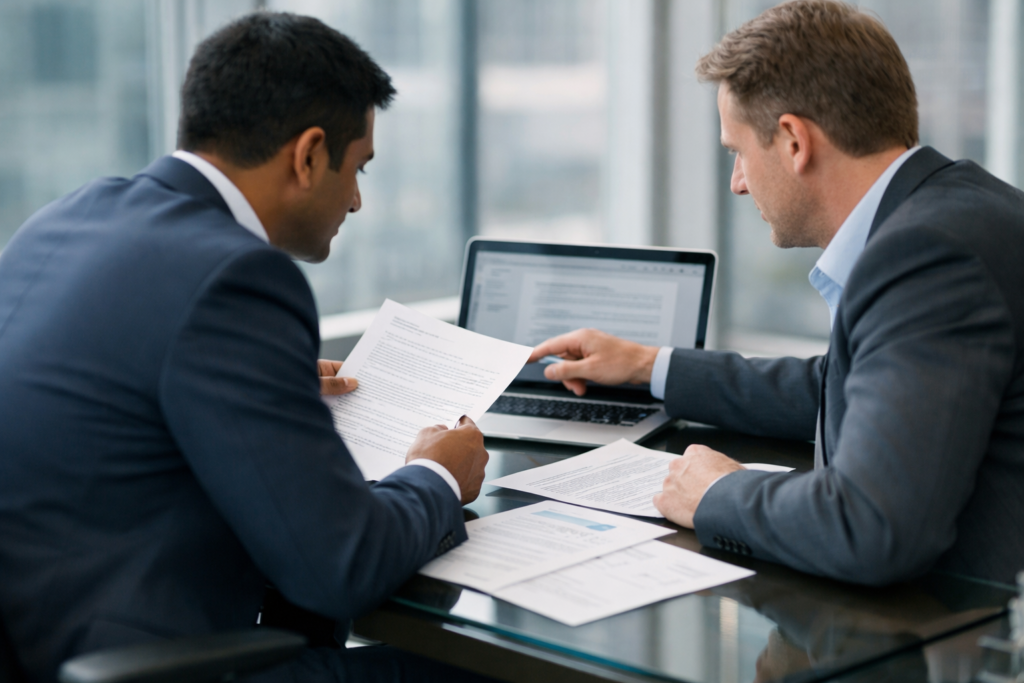 Immigration attorney and employer reviewing H-1B sponsorship costs and $100K fee exemption documents