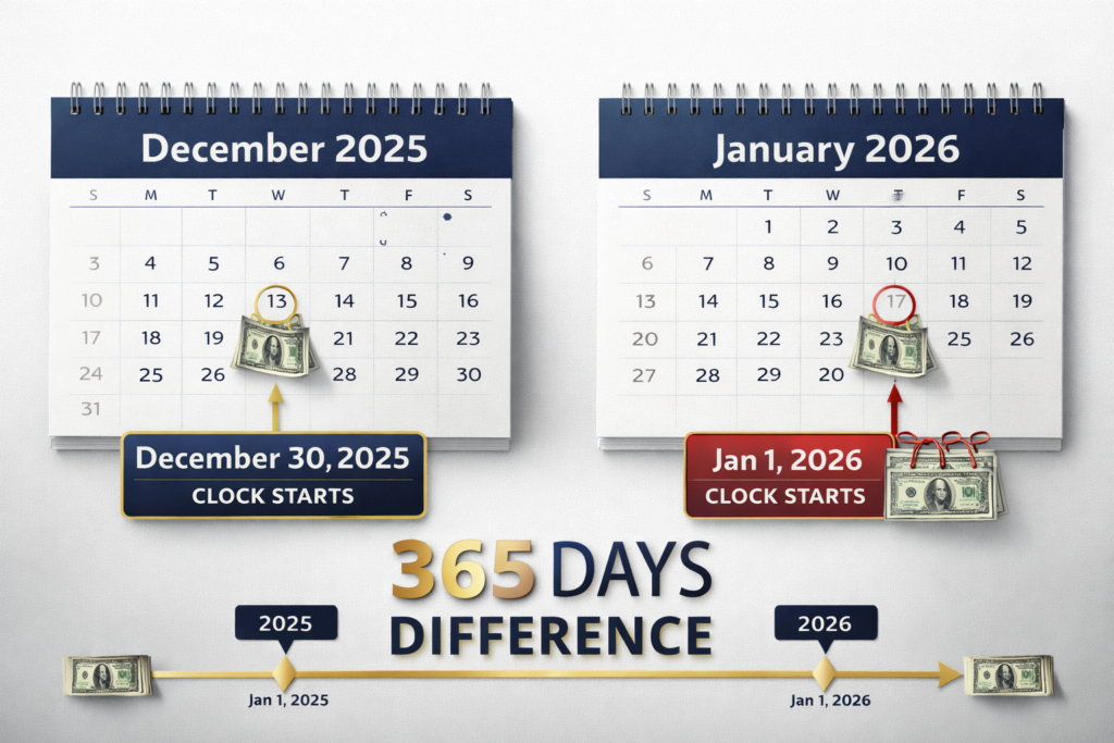 Calendar showing January 1 backdating strategy for Roth IRA contributions gaining one full year advantage