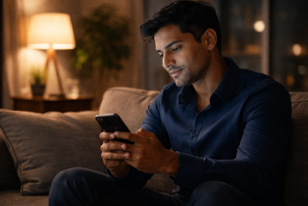 International professional quietly waiting for H-1B lottery results with calm reflective expression in apartment