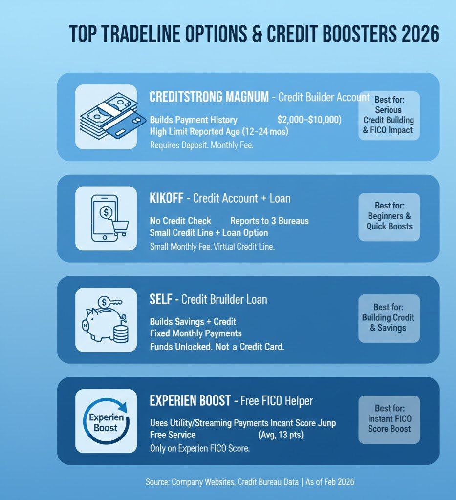 “Chart showing the best tradeline options like CreditStrong, Kikoff, Self, and Experian Boost for 2026.”