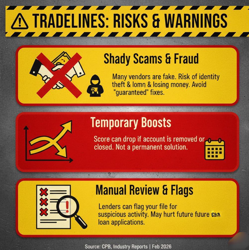 “Caution sign showing the risks of buying tradelines, including scams and short-term boosts.”