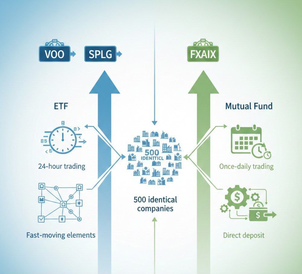 "Side-by-side comparison showing ETF trading flexibility versus mutual fund automation benefits"