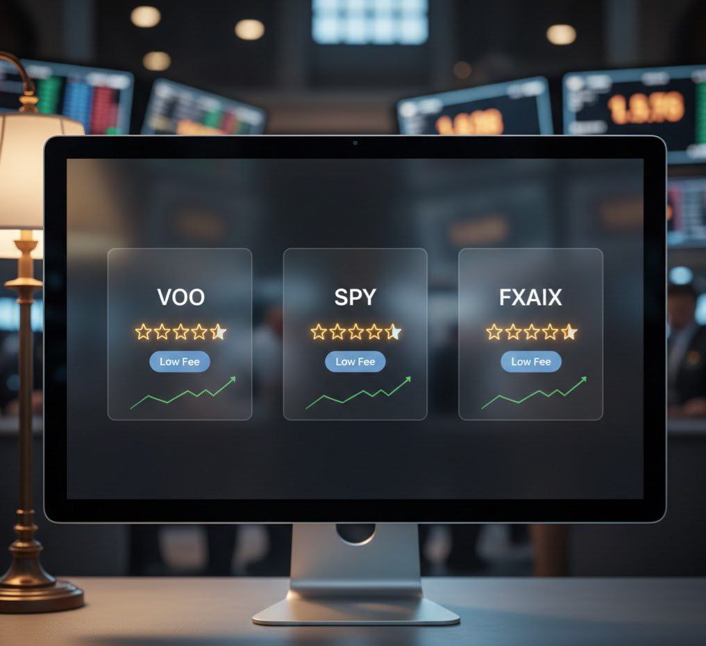 Digital display showing VOO, SPY, and FXAIX ticker symbols with low expense ratio highlights.
