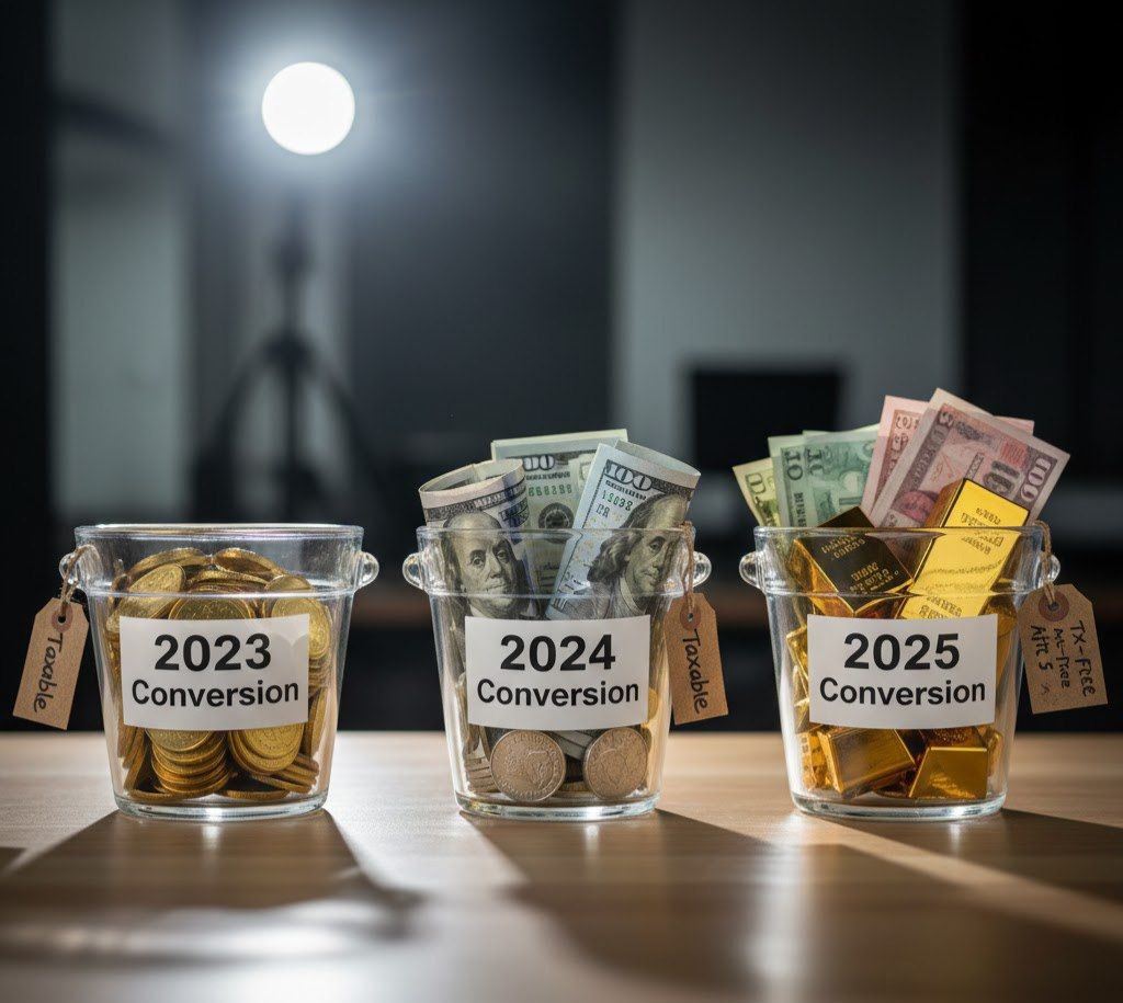 Multiple containers representing individual Roth IRA conversions with separate 5-year timelines