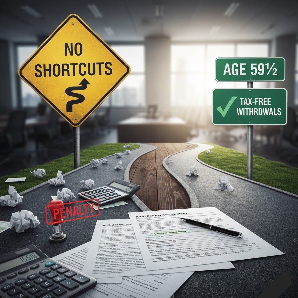 Road sign showing no shortcuts for 5-year rules but age milestone as legitimate path
