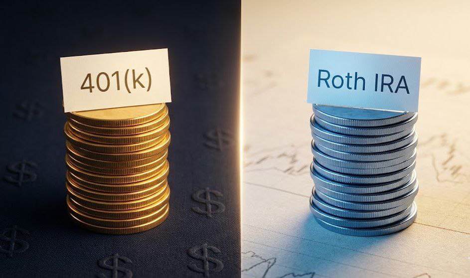 Visual comparison between Roth IRA and 401k retirement accounts for H1B visa holders deciding which to prioritize