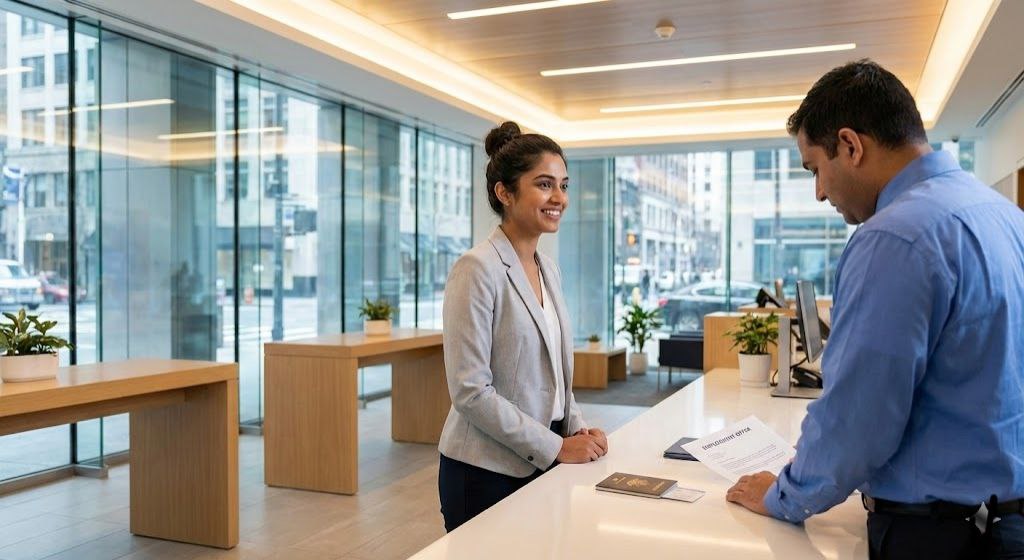 Indian immigrant woman at US bank branch applying for first credit card with documents