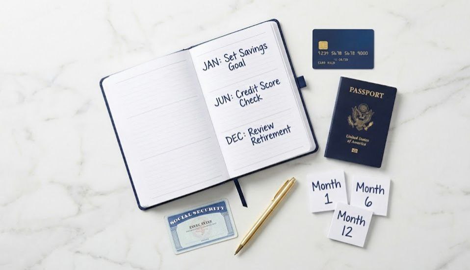 12-month credit building roadmap planner for Indian immigrants in USA with credit card and passport