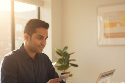 Indian immigrant holding first US credit card at home desk with laptop and documents