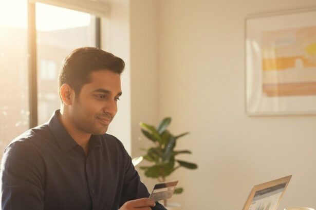Indian immigrant holding first US credit card at home desk with laptop and documents
