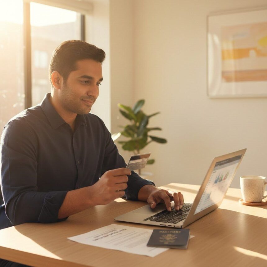 Indian immigrant holding first US credit card at home desk with laptop and documents