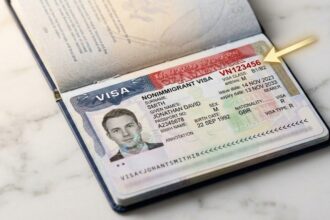 US H-1B visa stamp in passport showing visa number location highlighted in red