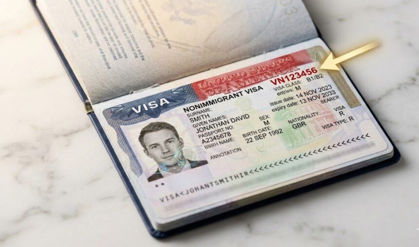 US H-1B visa stamp in passport showing visa number location highlighted in red
