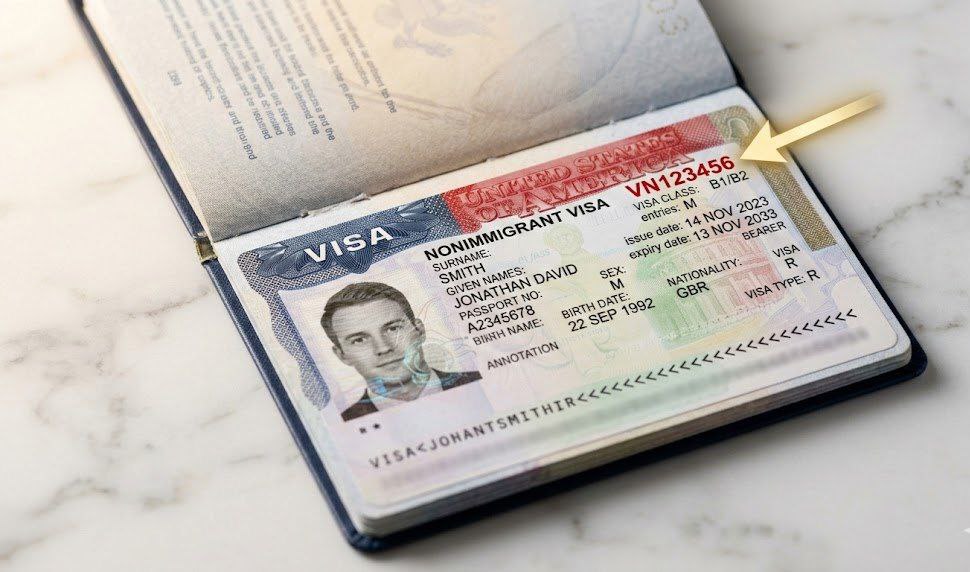 US H-1B visa stamp in passport showing visa number location highlighted in red