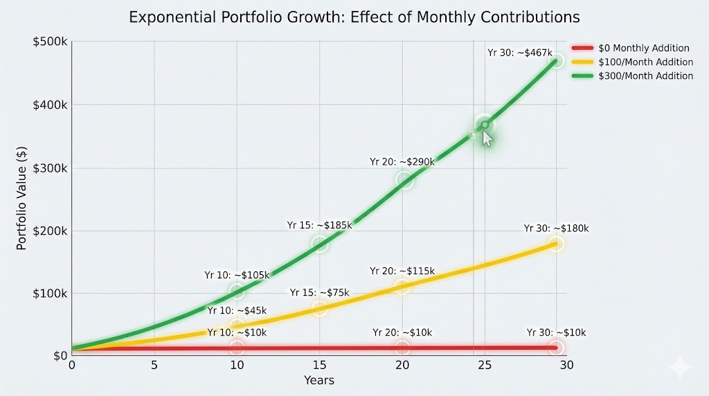 "Three exponential growth curves showing how $300/month contributions outpace one-time $1,000 investment over 30 years"