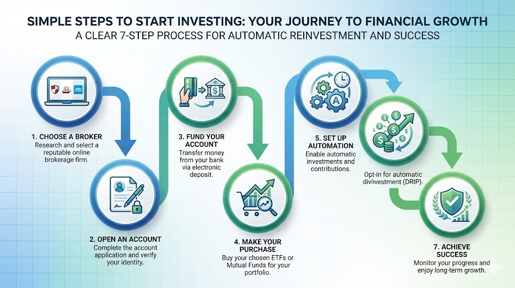 "Seven-step infographic showing the process: choose broker, open account, fund account, buy fund, automate, reinvest dividends, monitor quarterly"