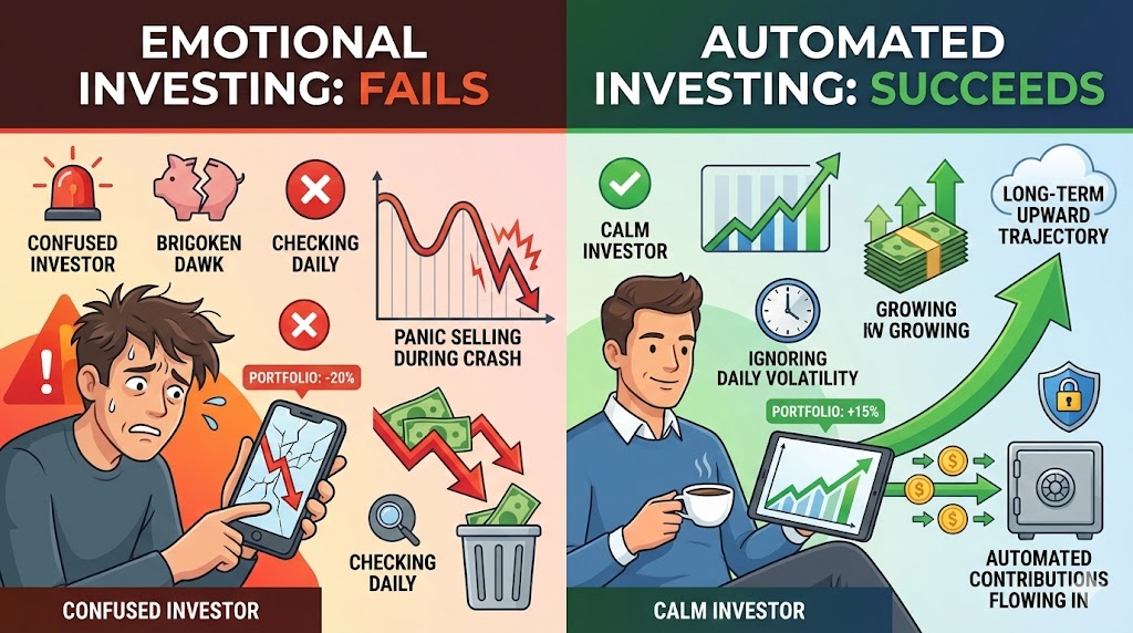 "Split-screen comparison showing panic-selling investor versus automated investor, illustrating why behavior beats strategy"