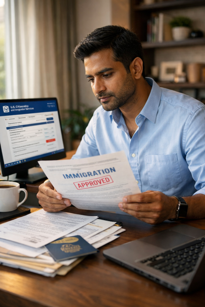 Person reviewing H-1B visa extension documents at a home office desk in 2026