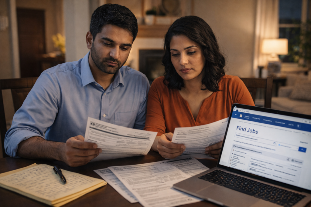 H-1B visa holder couple reviewing immigration transfer options and job search documents at home
