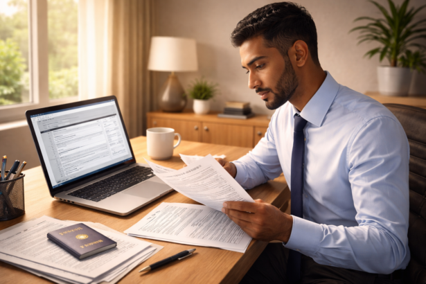 International F-1 OPT student reviewing H-1B visa transition documents at a modern desk in 2026