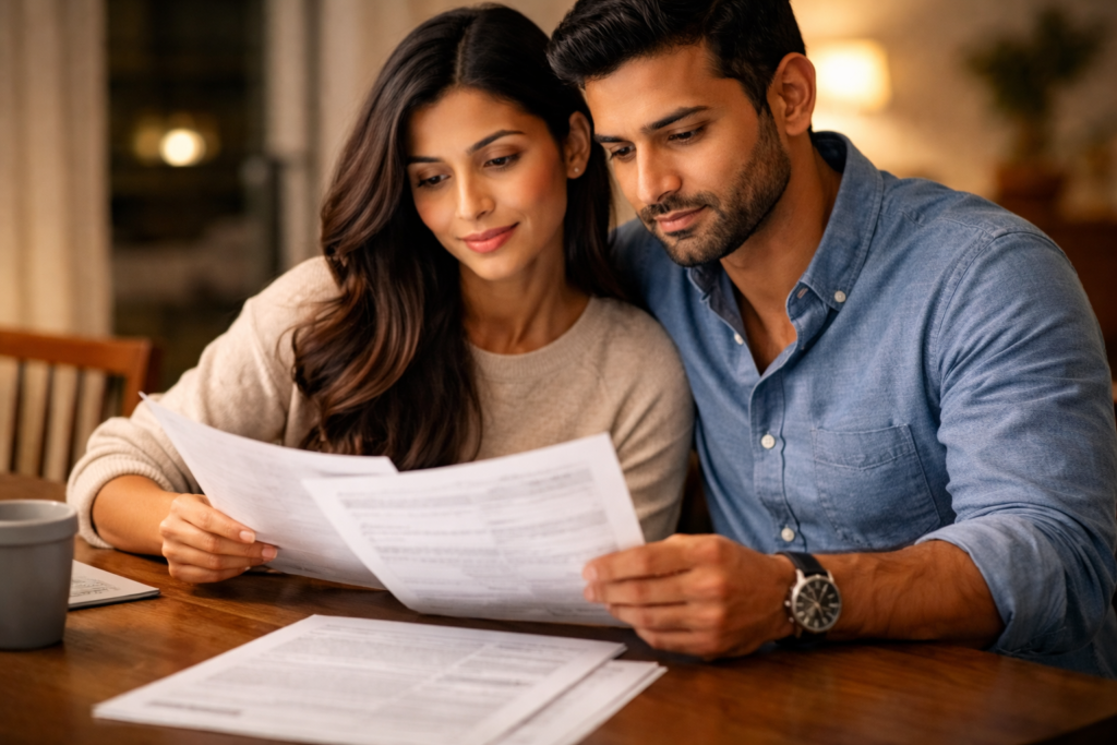 H-1B visa holder couple reviewing I-140 approval notice and USCIS documents together at home