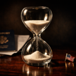Glass hourglass with falling sand on dark desk beside U.S. immigration documents representing H-1B grace period countdown after layoff