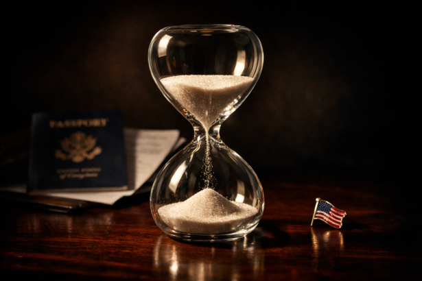 Glass hourglass with falling sand on dark desk beside U.S. immigration documents representing H-1B grace period countdown after layoff