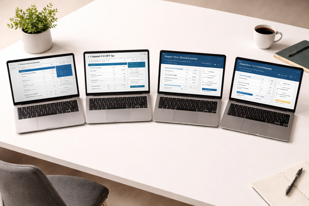 Four laptops showing different tax software options for H-1B visa holder comparison 2026