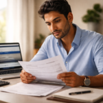 : H-1B visa holder reviewing complete government fee breakdown document at office desk with USCIS portal open on laptop
