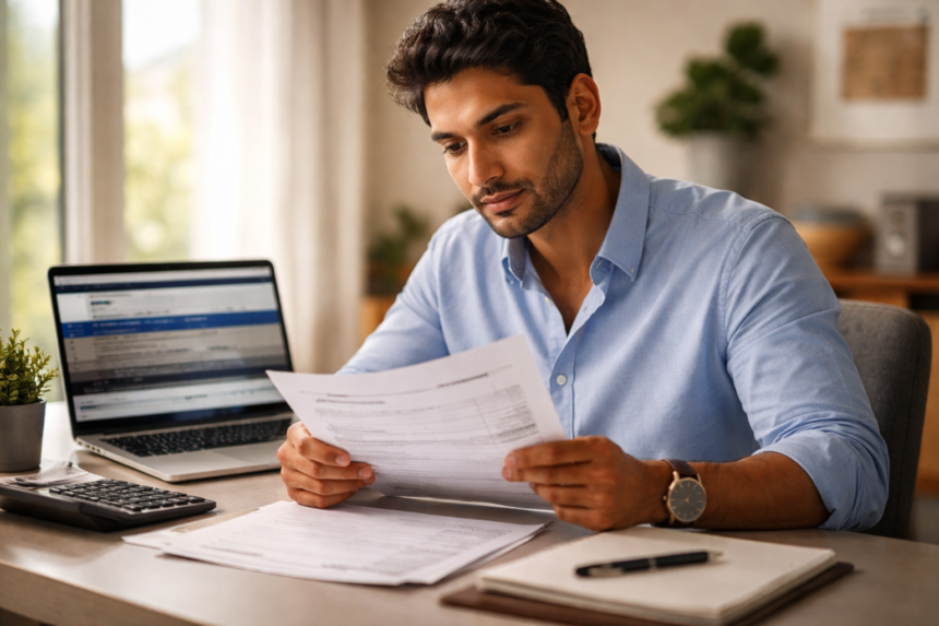 : H-1B visa holder reviewing complete government fee breakdown document at office desk with USCIS portal open on laptop