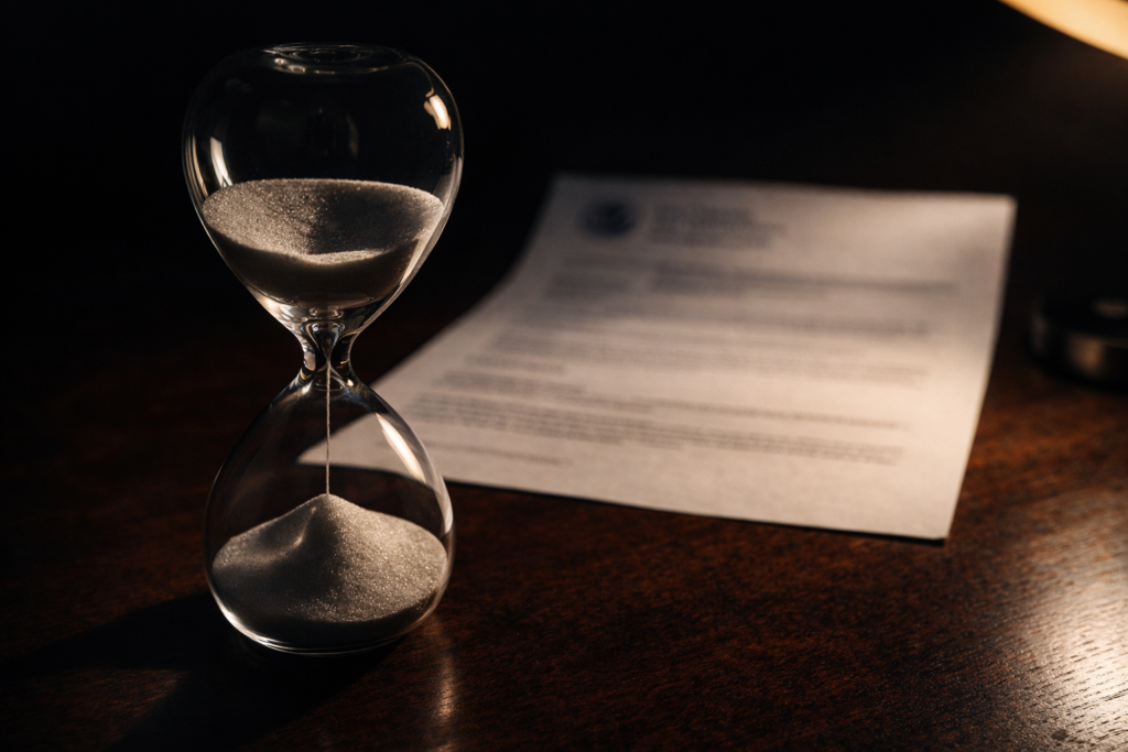 Glass hourglass on dark wood symbolizing H-1B grace period countdown and silent unlawful presence accumulation