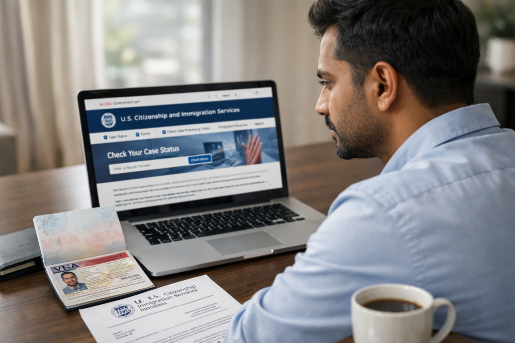 H-1B visa holder reviewing USCIS revocation notice at home office desk with passport open