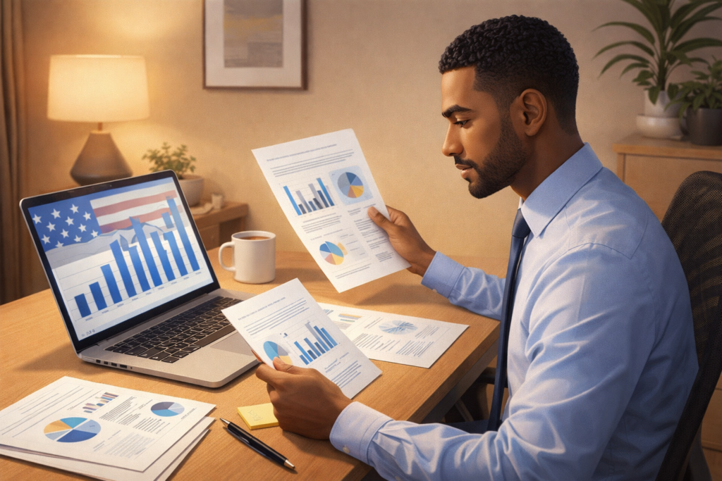 International professional on H-1B visa reviewing financial planning documents at a modern desk