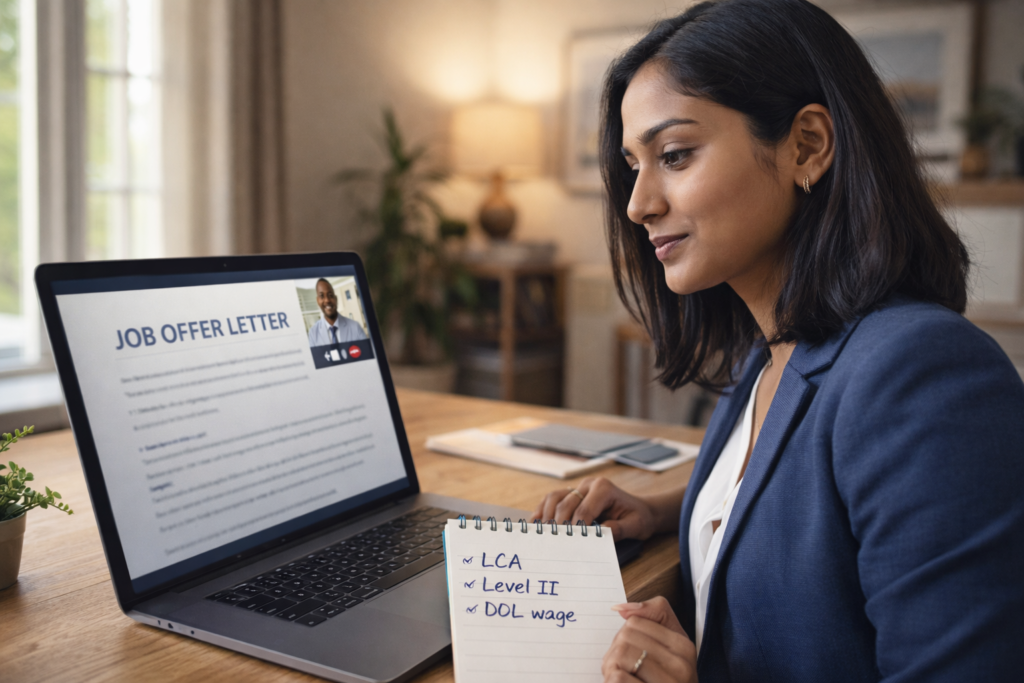H-1B visa candidate reviewing job offer and DOL wage data on laptop with handwritten LCA notes during video interview