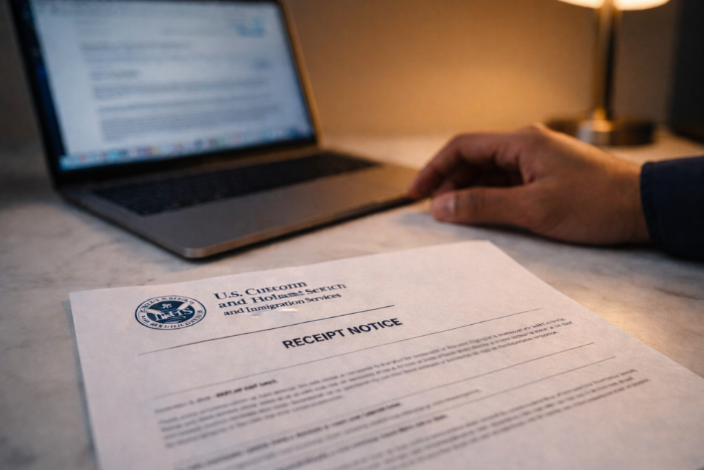 USCIS H-1B receipt notice document on desk representing work authorization after transfer petition filing