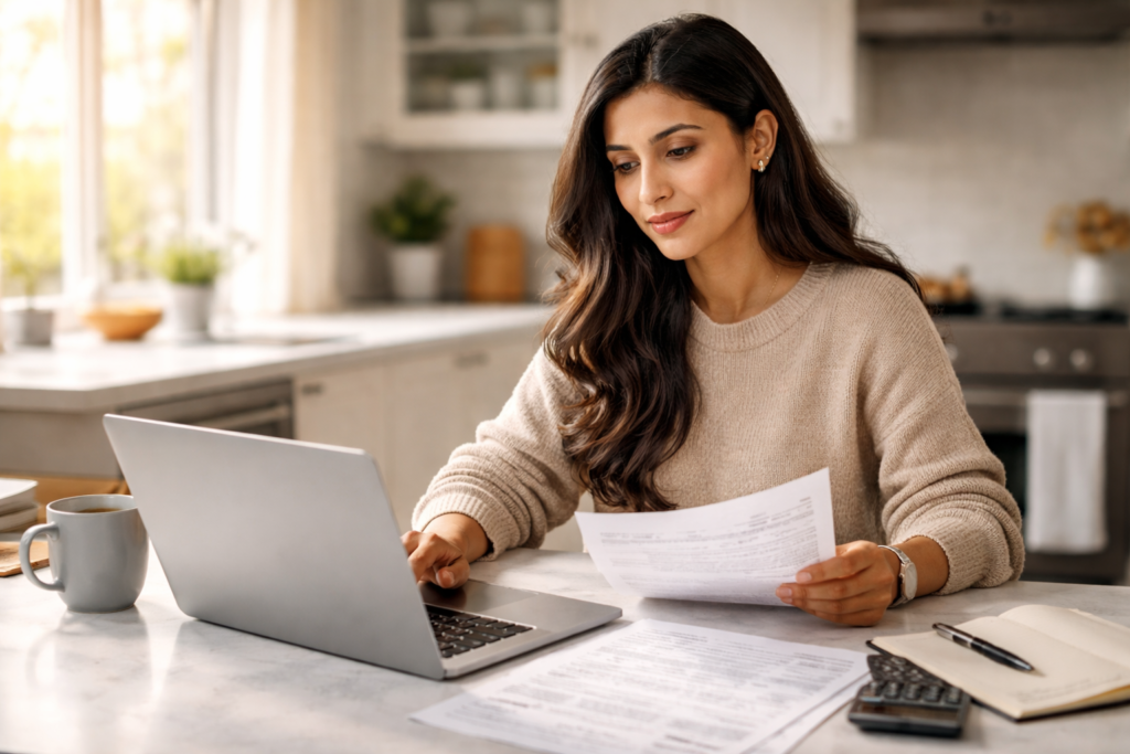 H-1B visa holder woman reviewing tax documents at home kitchen table before filing 2026 return