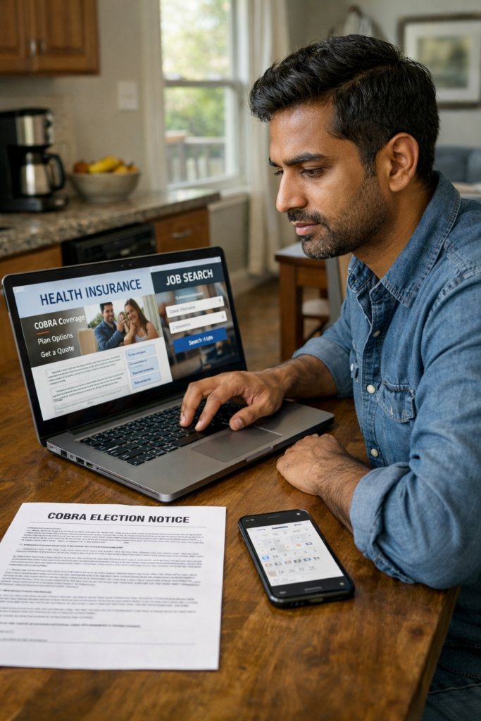 H-1B visa holder reviewing COBRA election notice after job loss at kitchen table with laptop