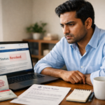 South Asian H-1B visa holder reviewing a USCIS visa revocation notice on a laptop at a home office desk, with an open U.S. passport showing a cancellation stamp and printed immigration documents visible beside him