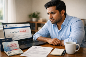 South Asian H-1B visa holder reviewing a USCIS visa revocation notice on a laptop at a home office desk, with an open U.S. passport showing a cancellation stamp and printed immigration documents visible beside him