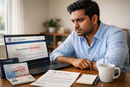 South Asian H-1B visa holder reviewing a USCIS visa revocation notice on a laptop at a home office desk, with an open U.S. passport showing a cancellation stamp and printed immigration documents visible beside him