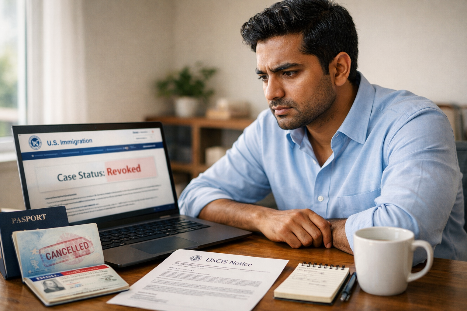 South Asian H-1B visa holder reviewing a USCIS visa revocation notice on a laptop at a home office desk, with an open U.S. passport showing a cancellation stamp and printed immigration documents visible beside him
