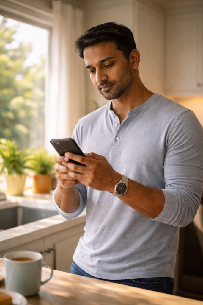 H-1B visa holder checking monthly Visa Bulletin priority date update on phone in morning kitchen