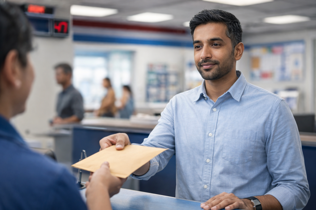 H-1B visa holder submitting Dropbox visa renewal application at postal counter in India