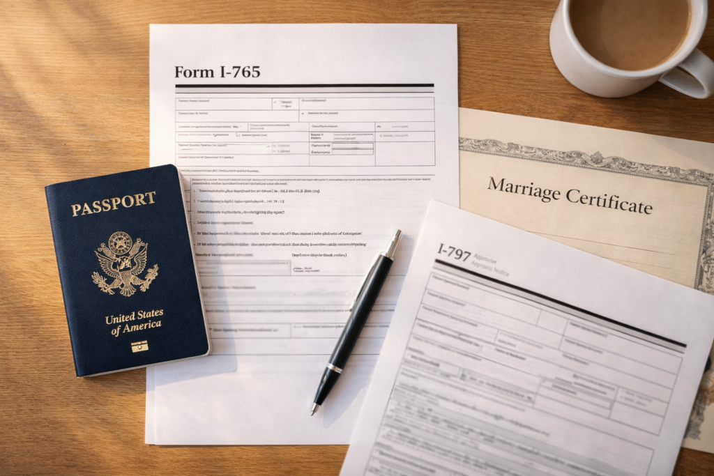H-4 EAD application documents laid out including Form I-765 USCIS I-797 approval notice passport and marriage certificate